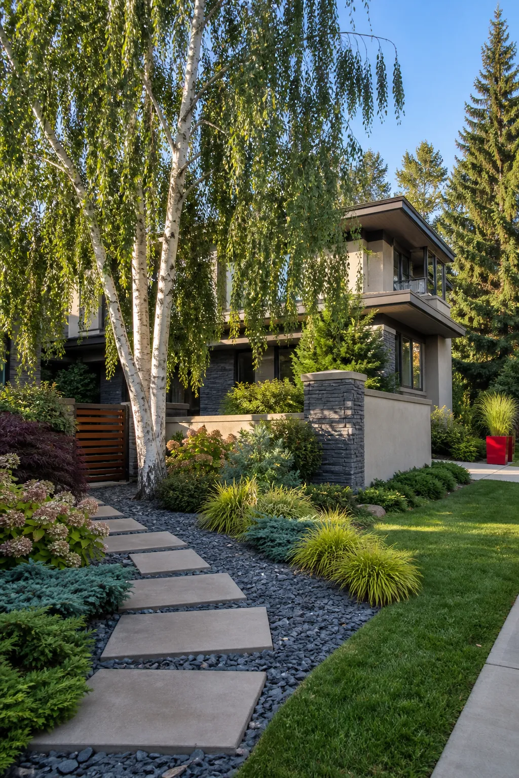 Sculptural birch tree centered in a calm gravel garden with restrained planting