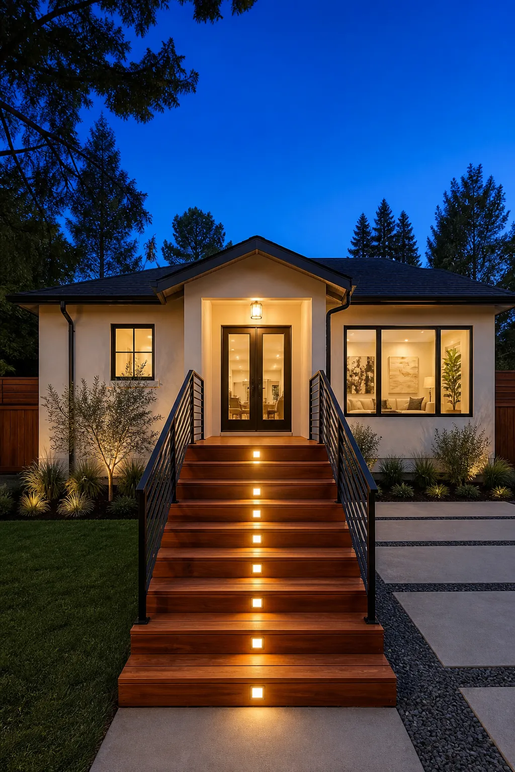 Modern front entrance with illuminated wood steps and restrained planting
