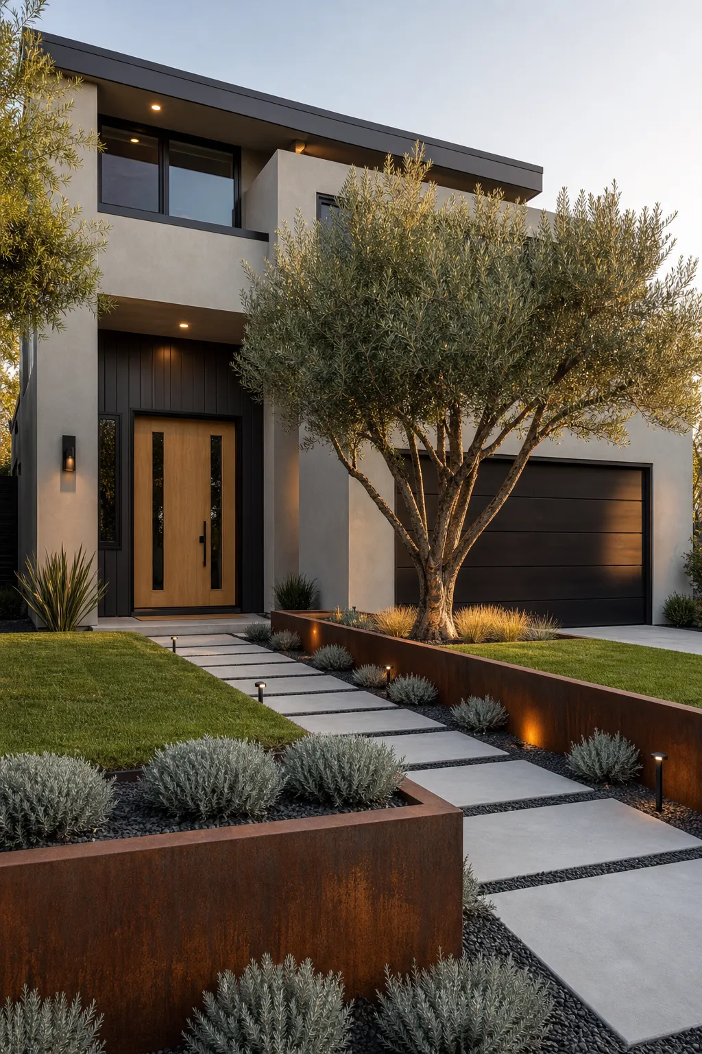 Stepping-stone front path accented by rust-toned Corten steel planters