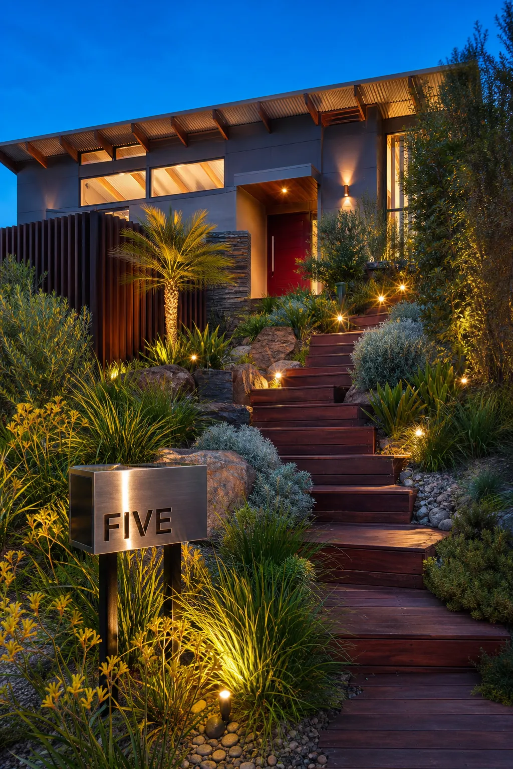 Sloped modern front yard with layered greenery and discreet landscape lighting