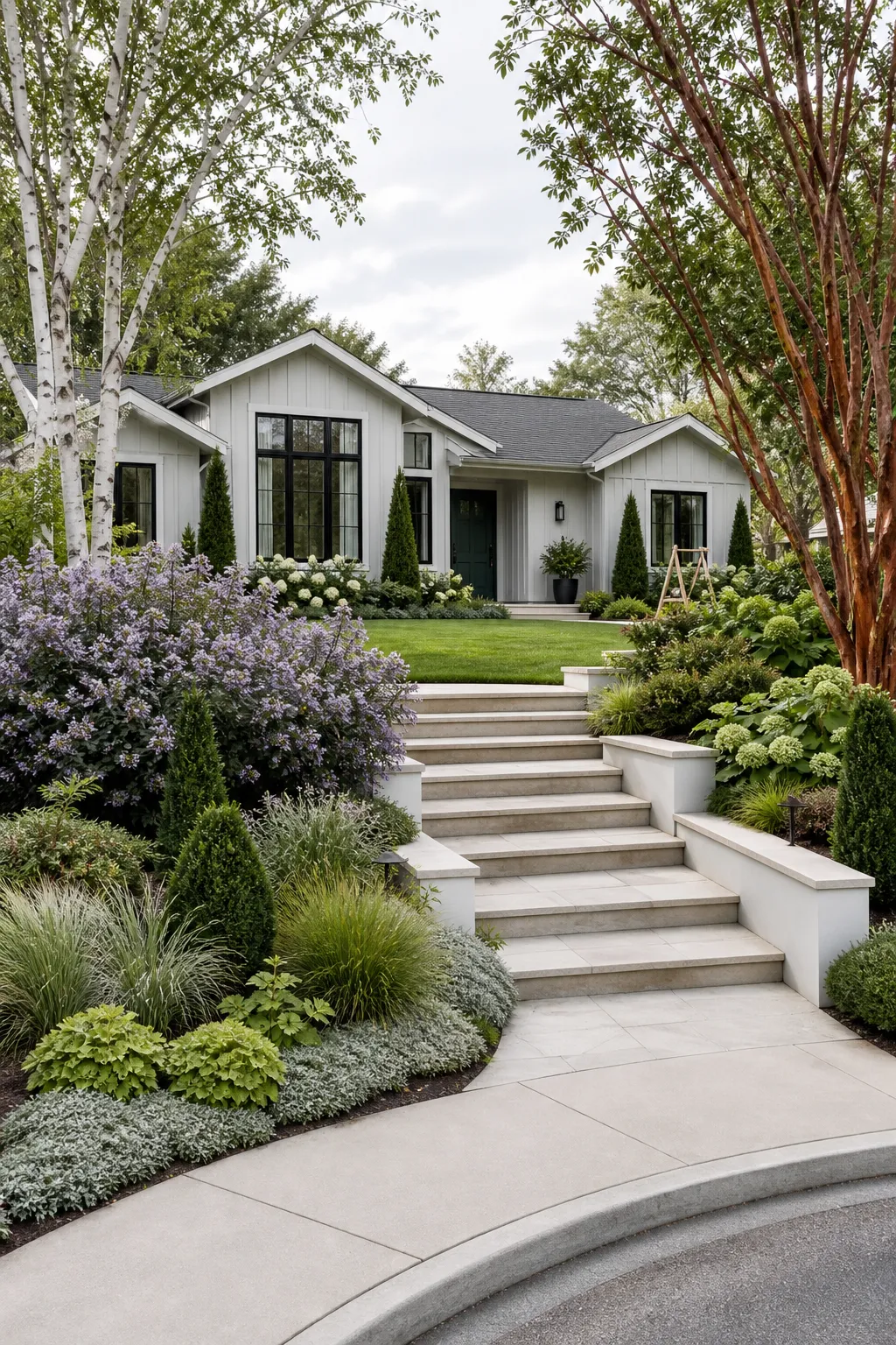 Crisp white entrance steps bordered by graduated layers of green plants