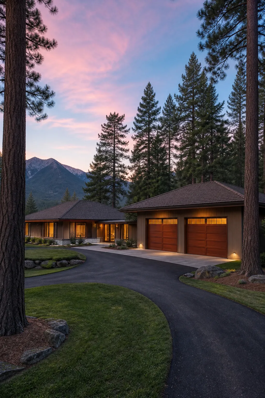 Double-garage midcentury home integrated into a mature wooded landscape