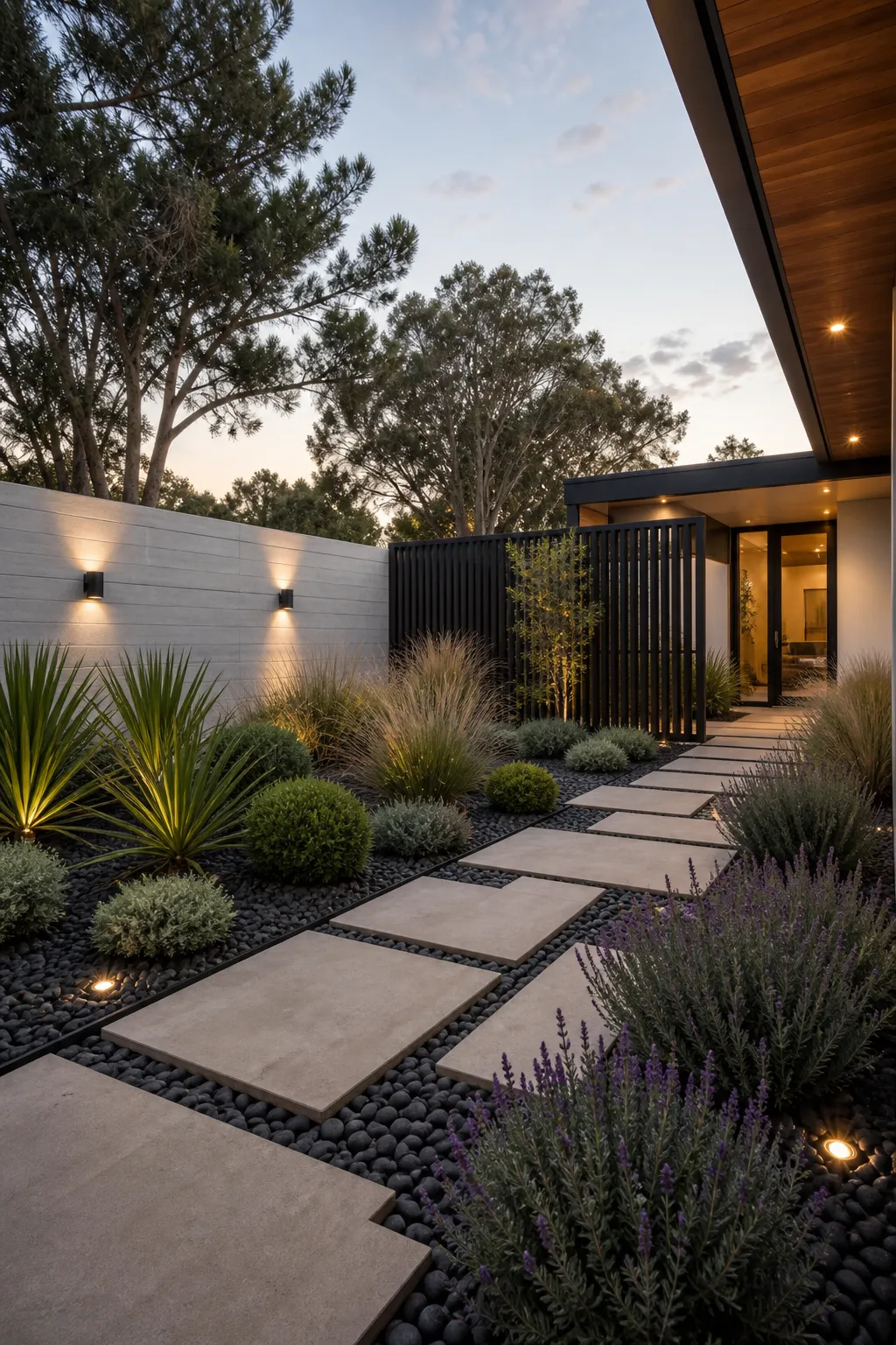 Sleek modern courtyard landscaped with a restrained selection of drought-tolerant plants
