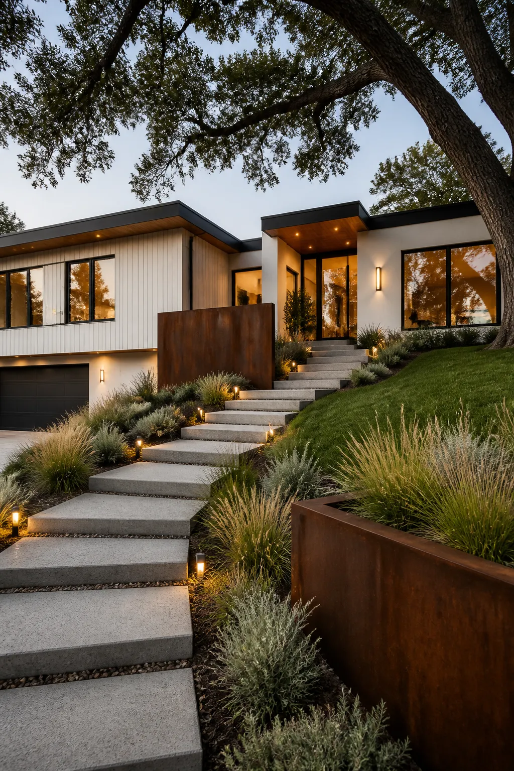 Broad concrete steps creating an accessible route through a steep front yard