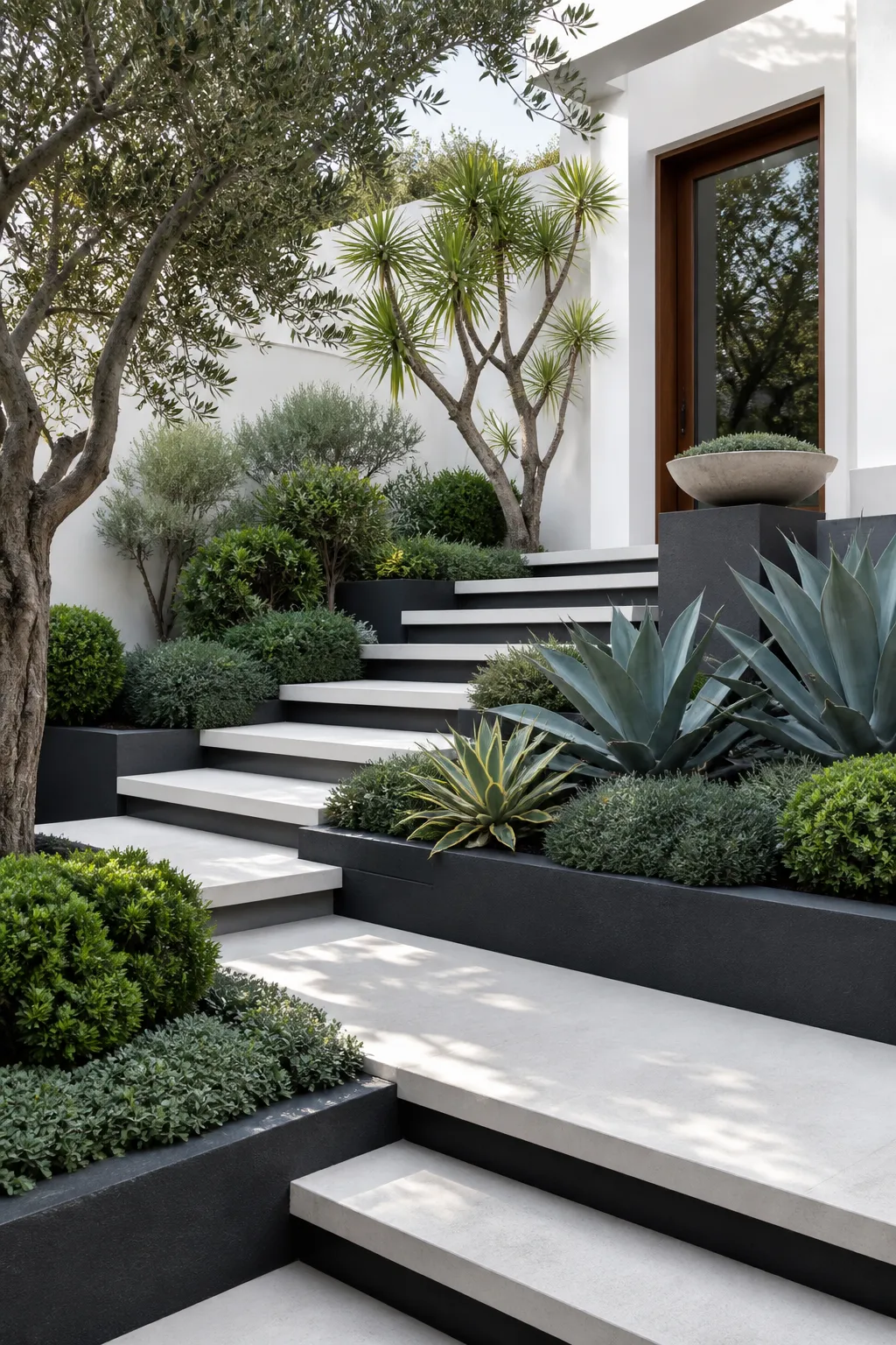 Tiered modern entrance planted with sculptural succulents in varied forms