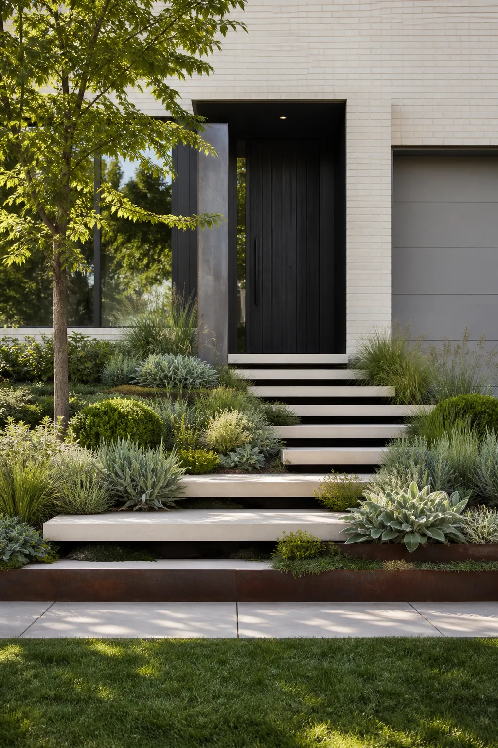 Floating concrete front steps surrounded by full textural greenery