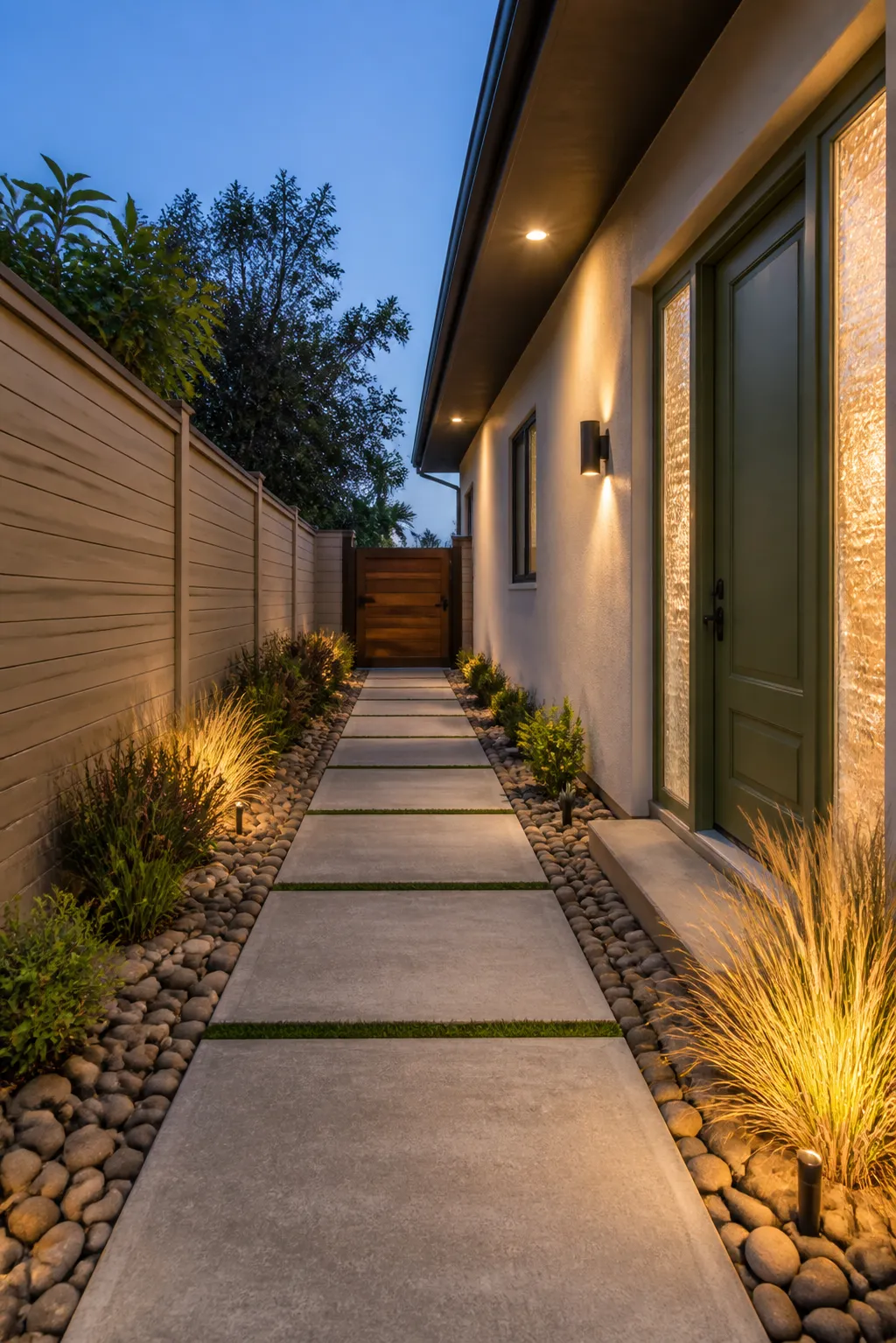 Narrow modern entrance with a straight linear path and minimal planting