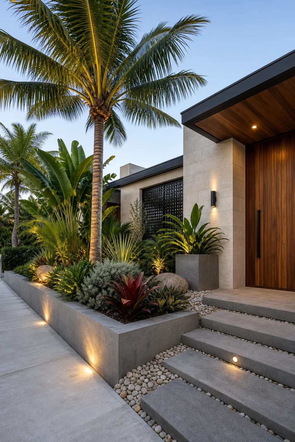 Tropical front entrance framed by bold upright green foliage