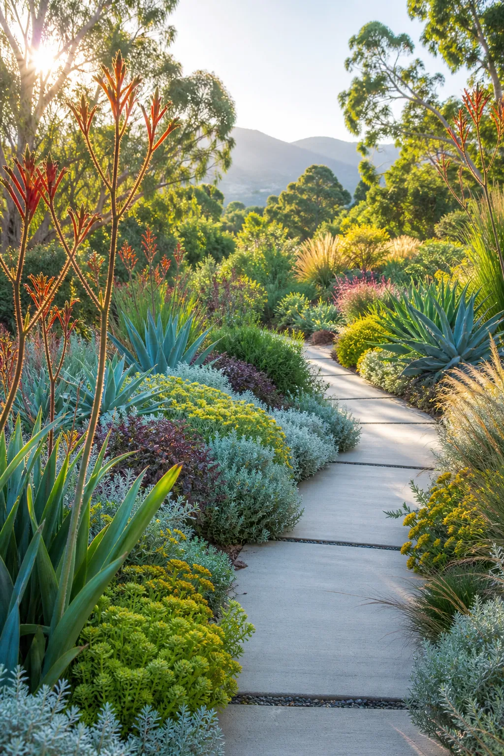 Informal garden path lined with colorful drought-tolerant flowers and foliage