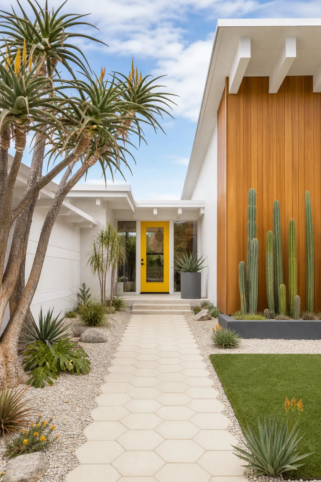 Midcentury courtyard with a cheerful yellow front door and modern landscaping