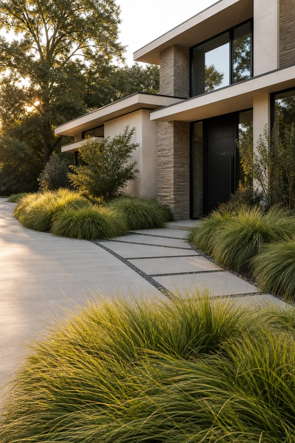 Contemporary front walkway edged with repeating clumps of ornamental grass