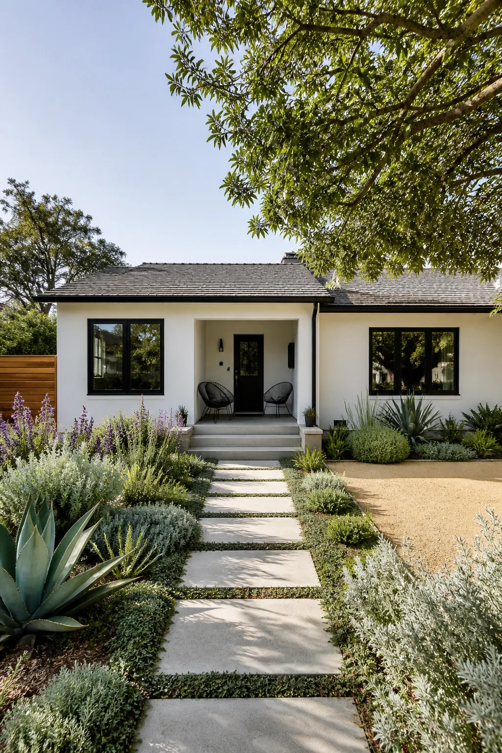 Small modern front yard filled with compact drought-tolerant plants