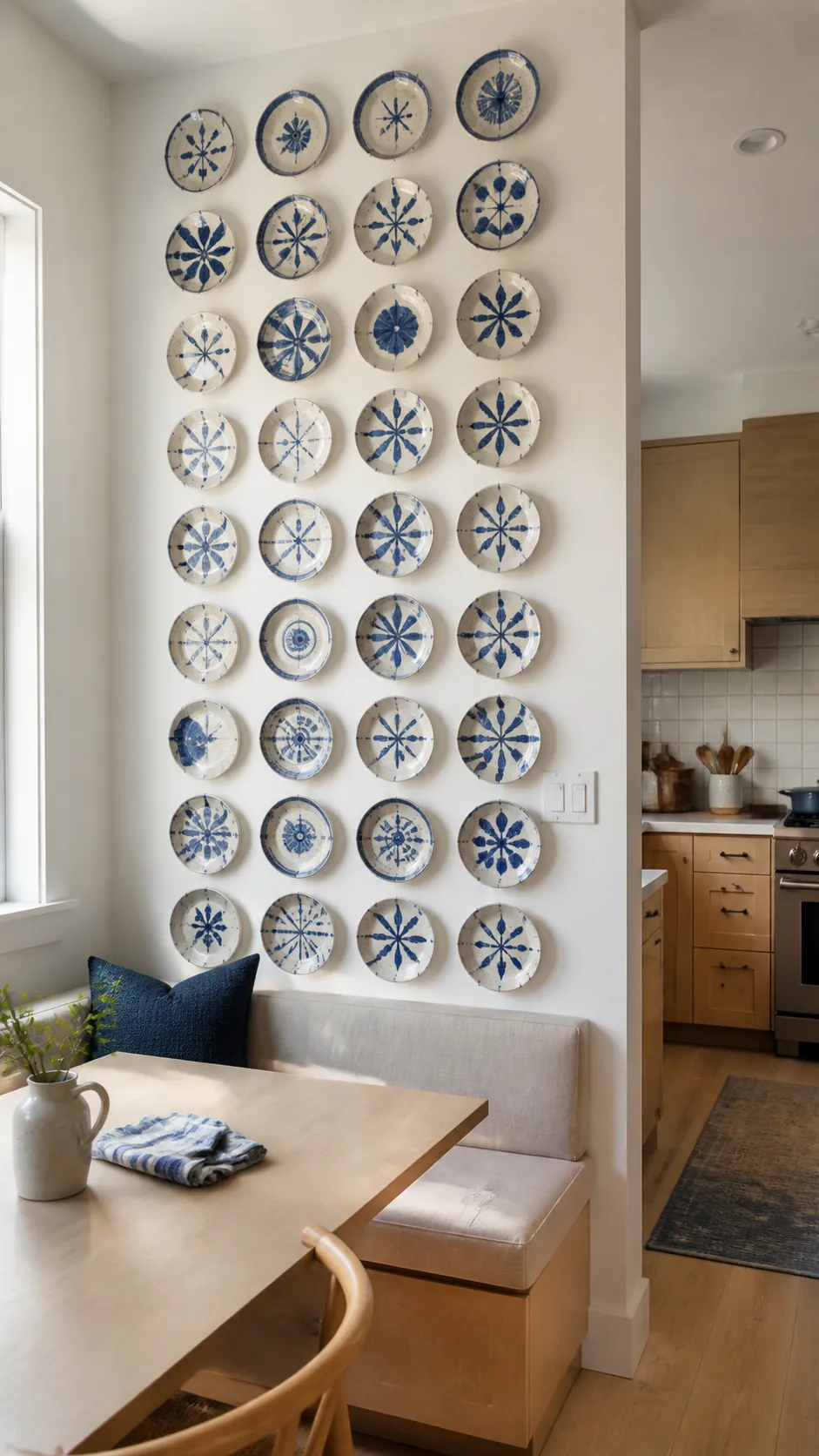 Floor-to-Ceiling Plate Collection styled as large kitchen wall decor in a realistic home
