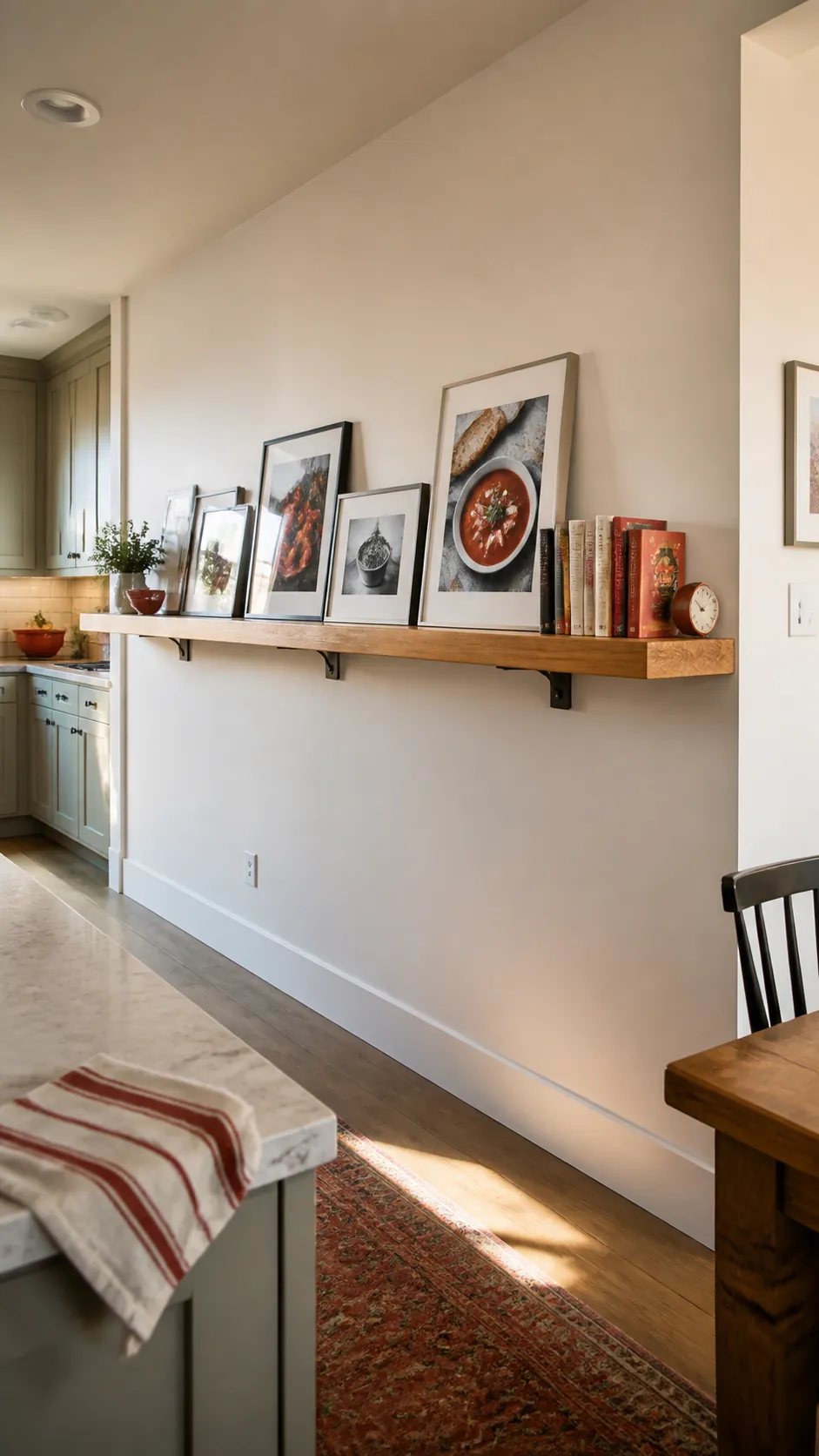 Extra-Wide Picture Ledge styled as large kitchen wall decor in a realistic home