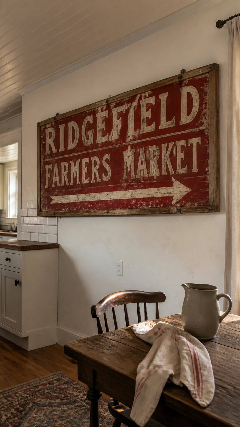 Vintage Market Sign styled as large kitchen wall decor in a realistic home