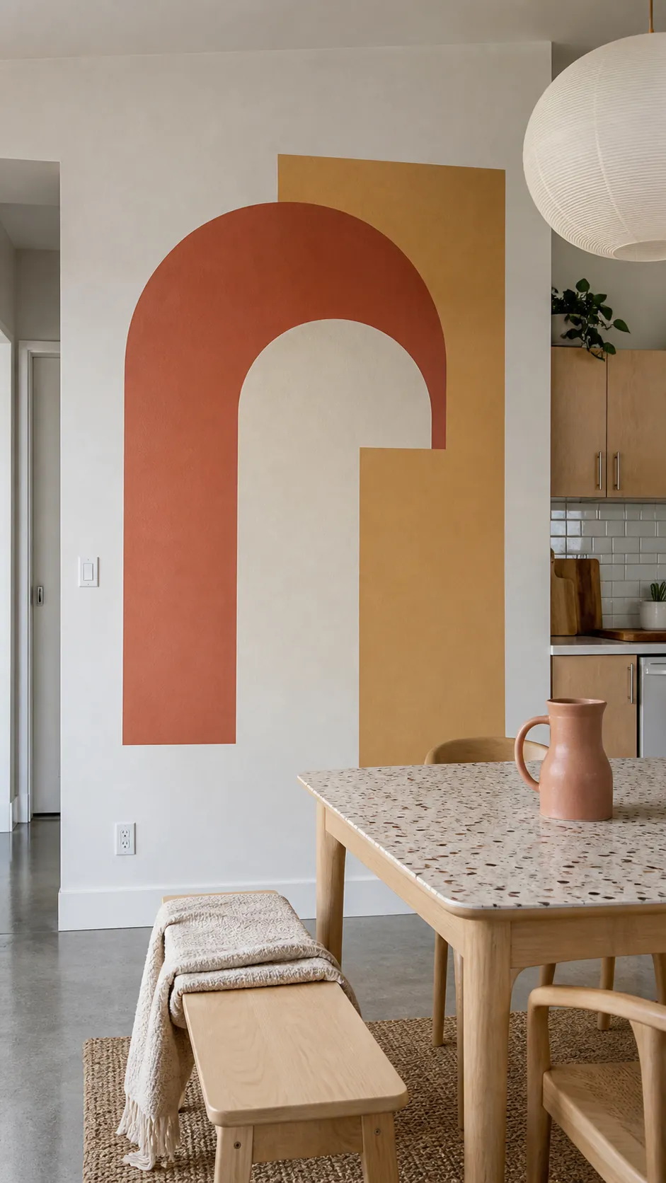 Graphic Color-Block Mural styled as large kitchen wall decor in a realistic home