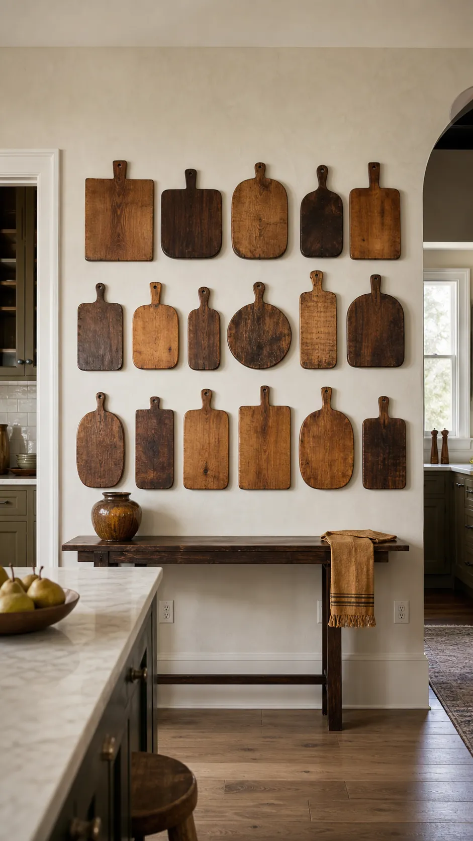 Antique Breadboard Grid styled as large kitchen wall decor in a realistic home