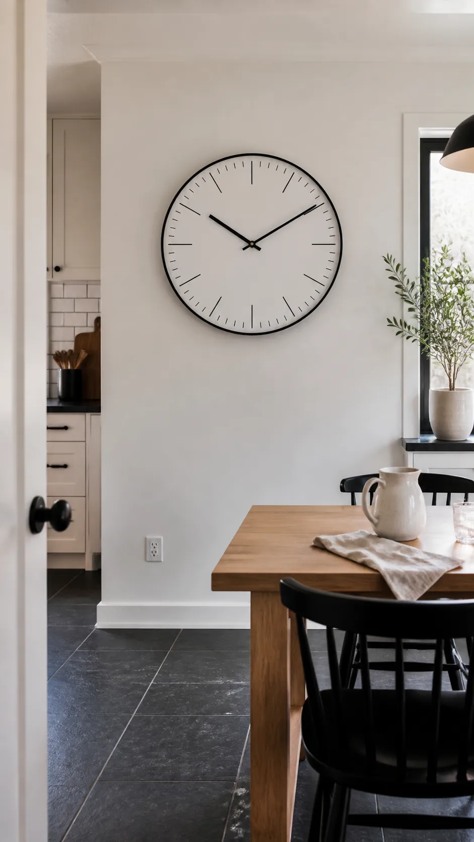 Statement Wall Clock styled as large kitchen wall decor in a realistic home