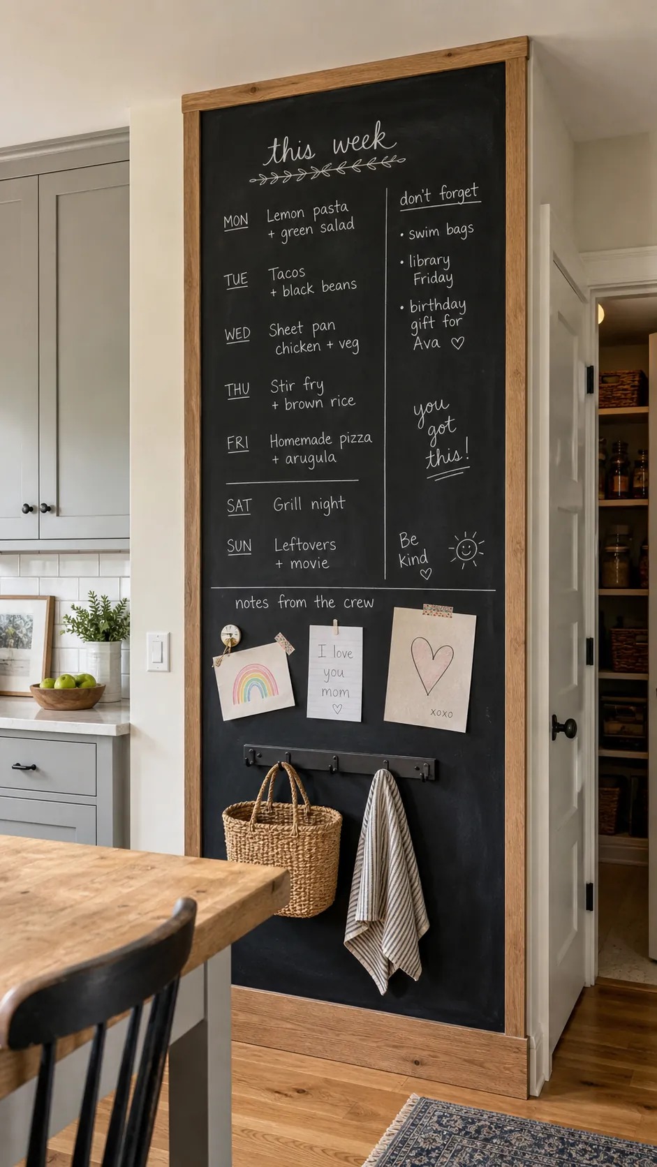 Full-Height Chalkboard Menu styled as large kitchen wall decor in a realistic home