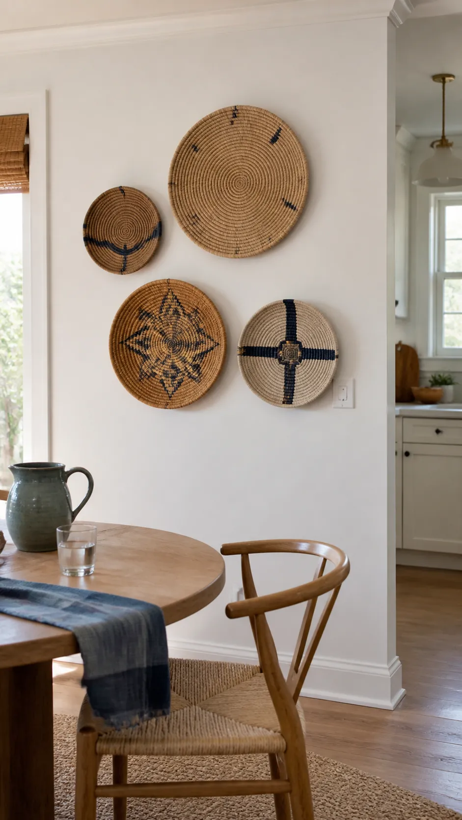 Woven Basket Installation styled as large kitchen wall decor in a realistic home