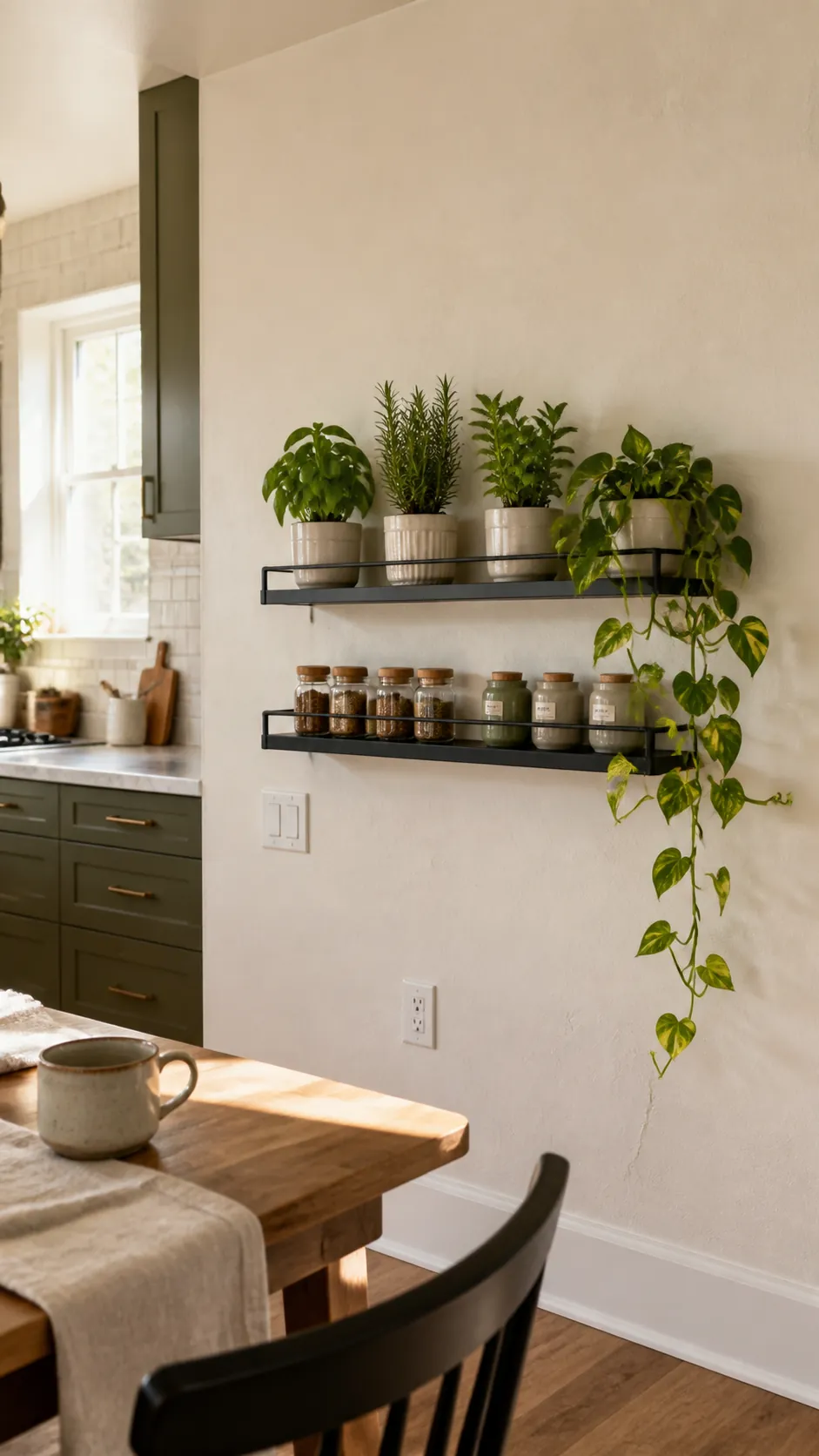 Open Shelf Herb Station styled as large kitchen wall decor in a realistic home
