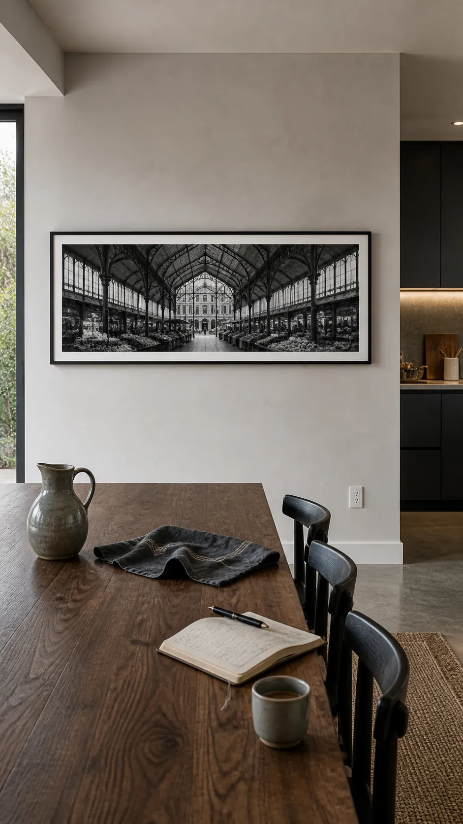 Panoramic Architecture Photograph styled as large kitchen wall decor in a realistic home