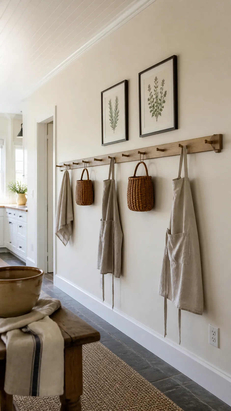 Peg Rail Display styled as large kitchen wall decor in a realistic home