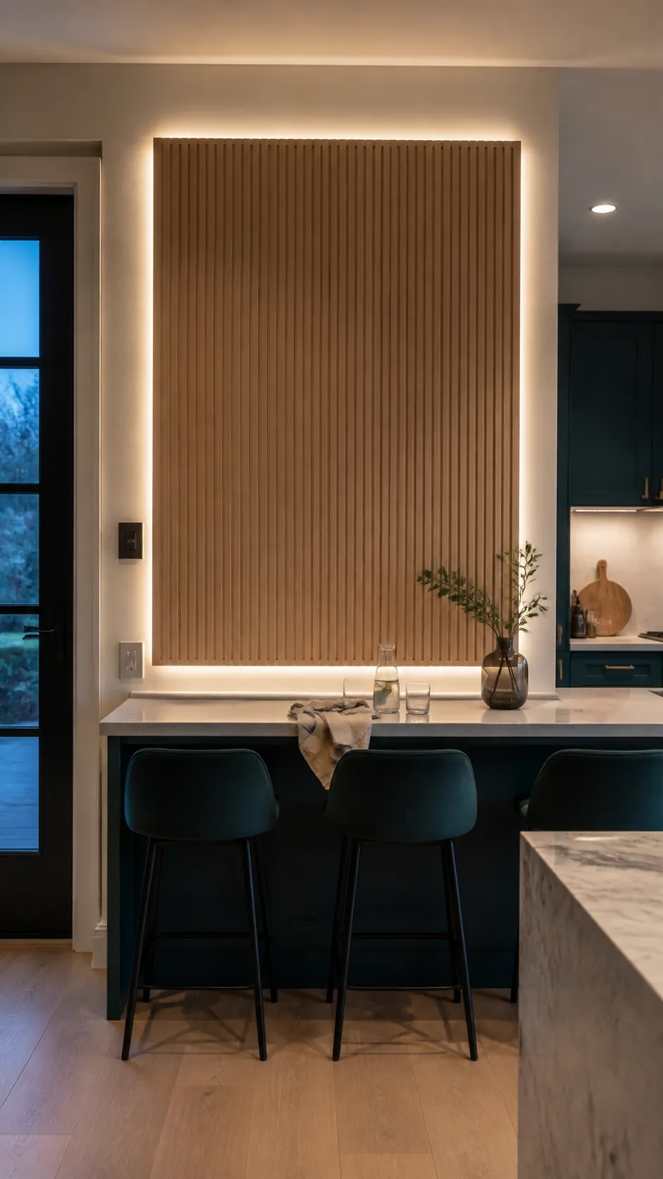Backlit Fluted Panel styled as large kitchen wall decor in a realistic home