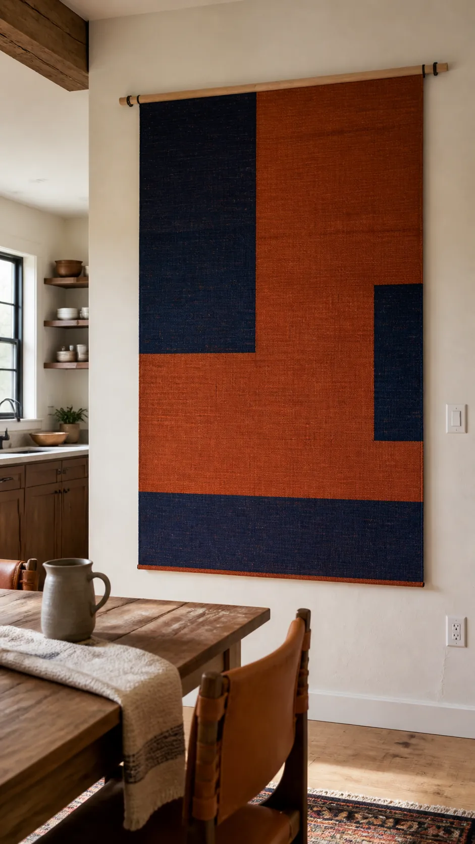Oversized Textile Hanging styled as large kitchen wall decor in a realistic home