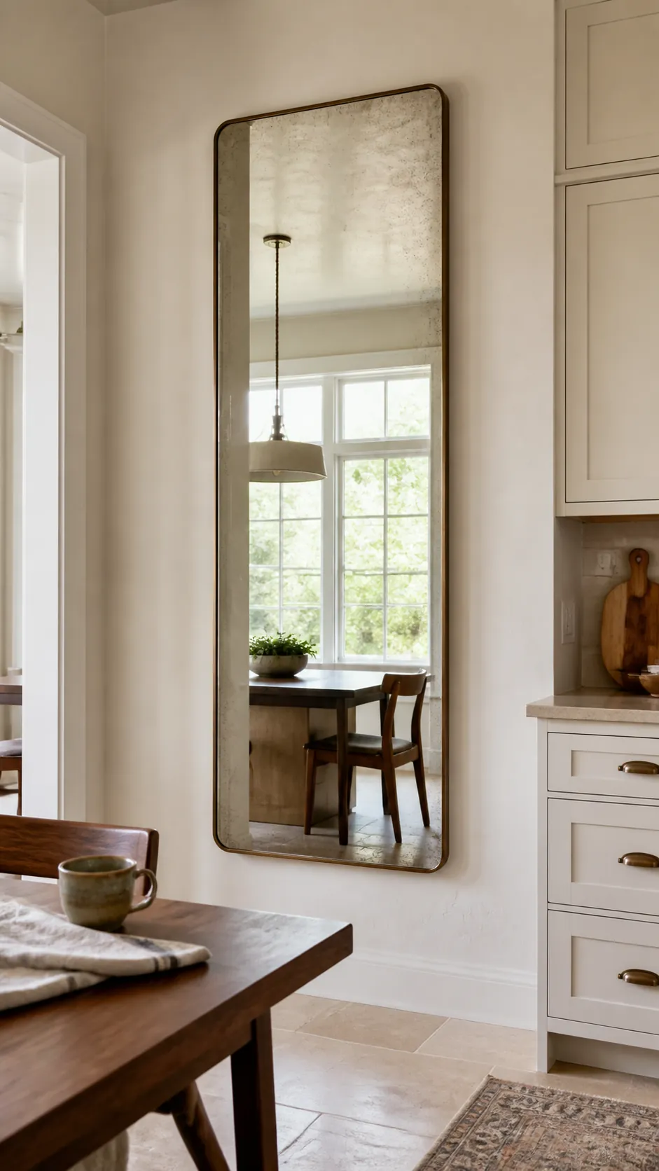Mirror With Character styled as large kitchen wall decor in a realistic home