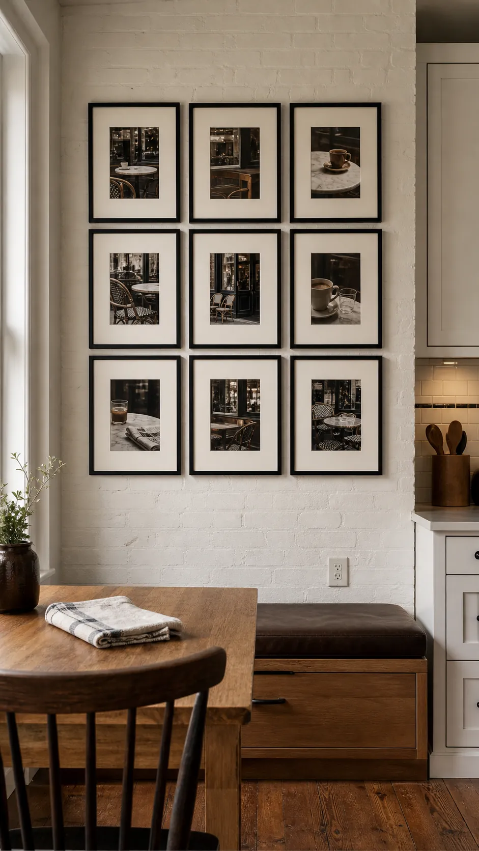 Cafe-Style Gallery Grid styled as large kitchen wall decor in a realistic home