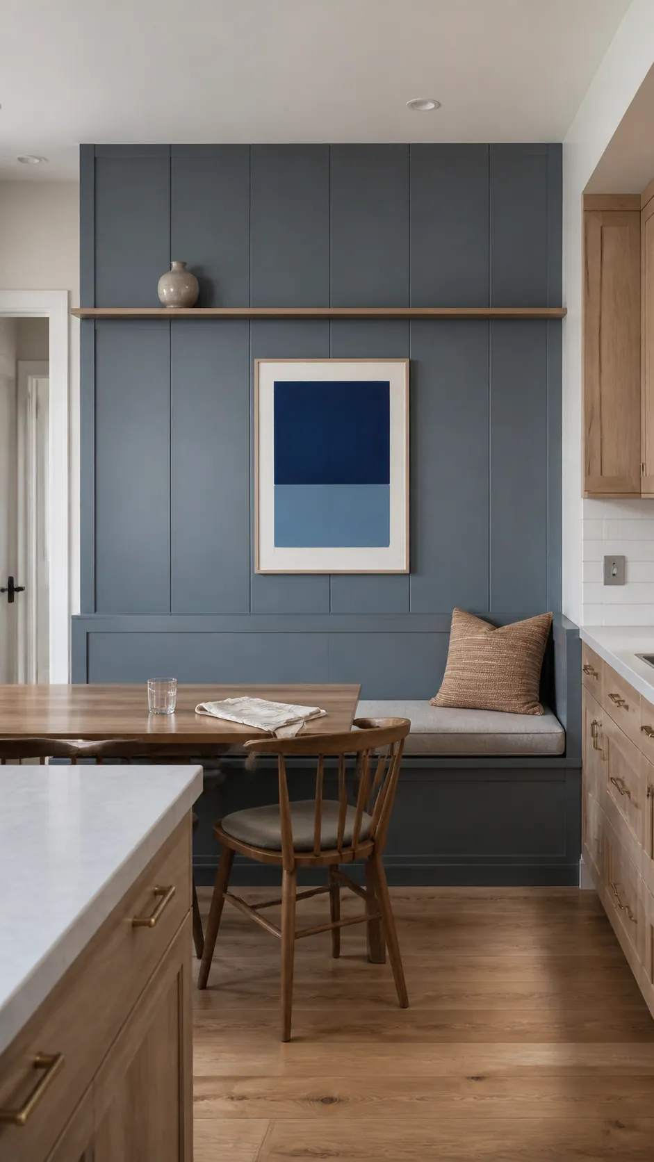 Built-In Banquette Backdrop styled as large kitchen wall decor in a realistic home