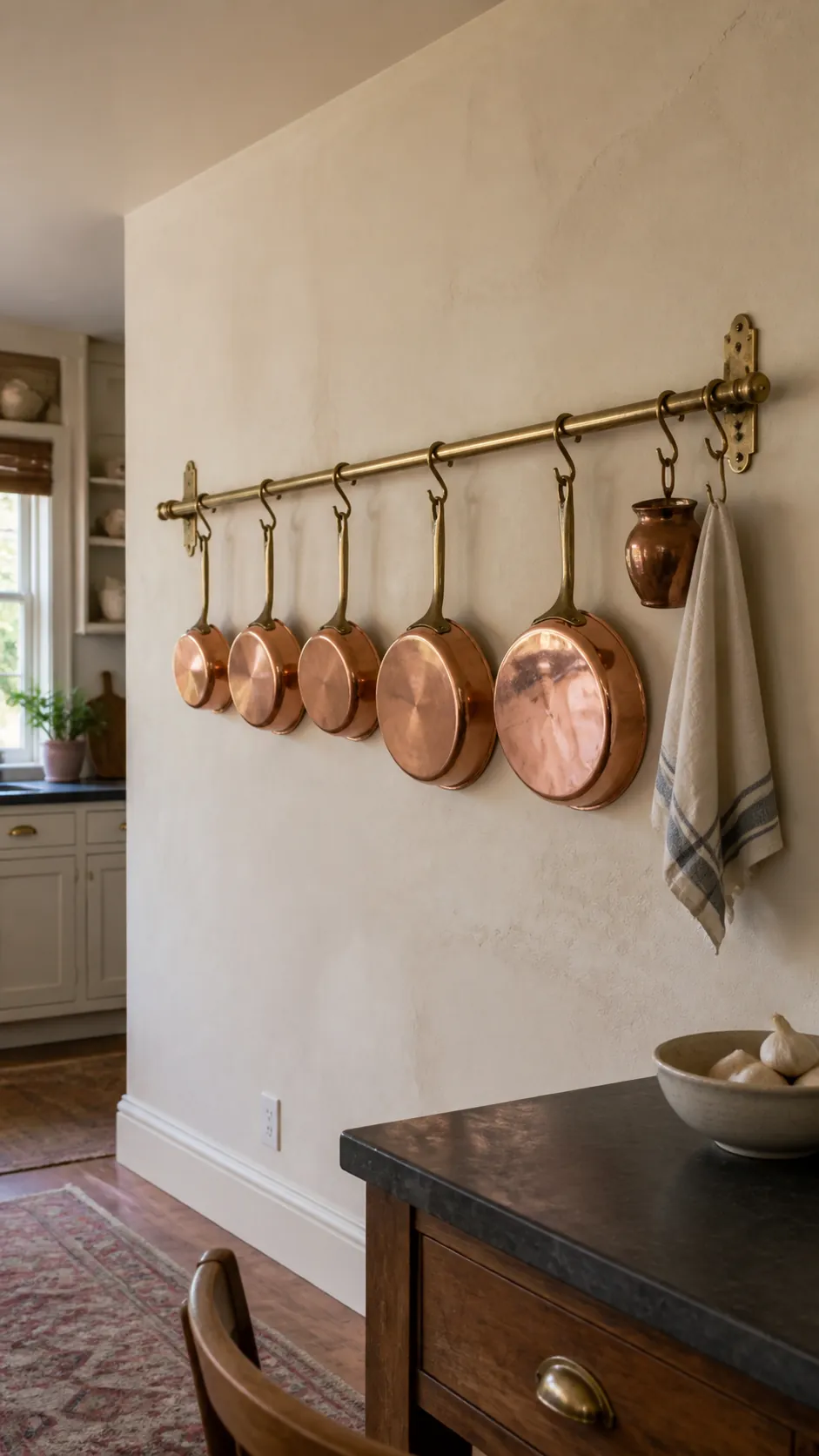 Copper Cookware Rail styled as large kitchen wall decor in a realistic home