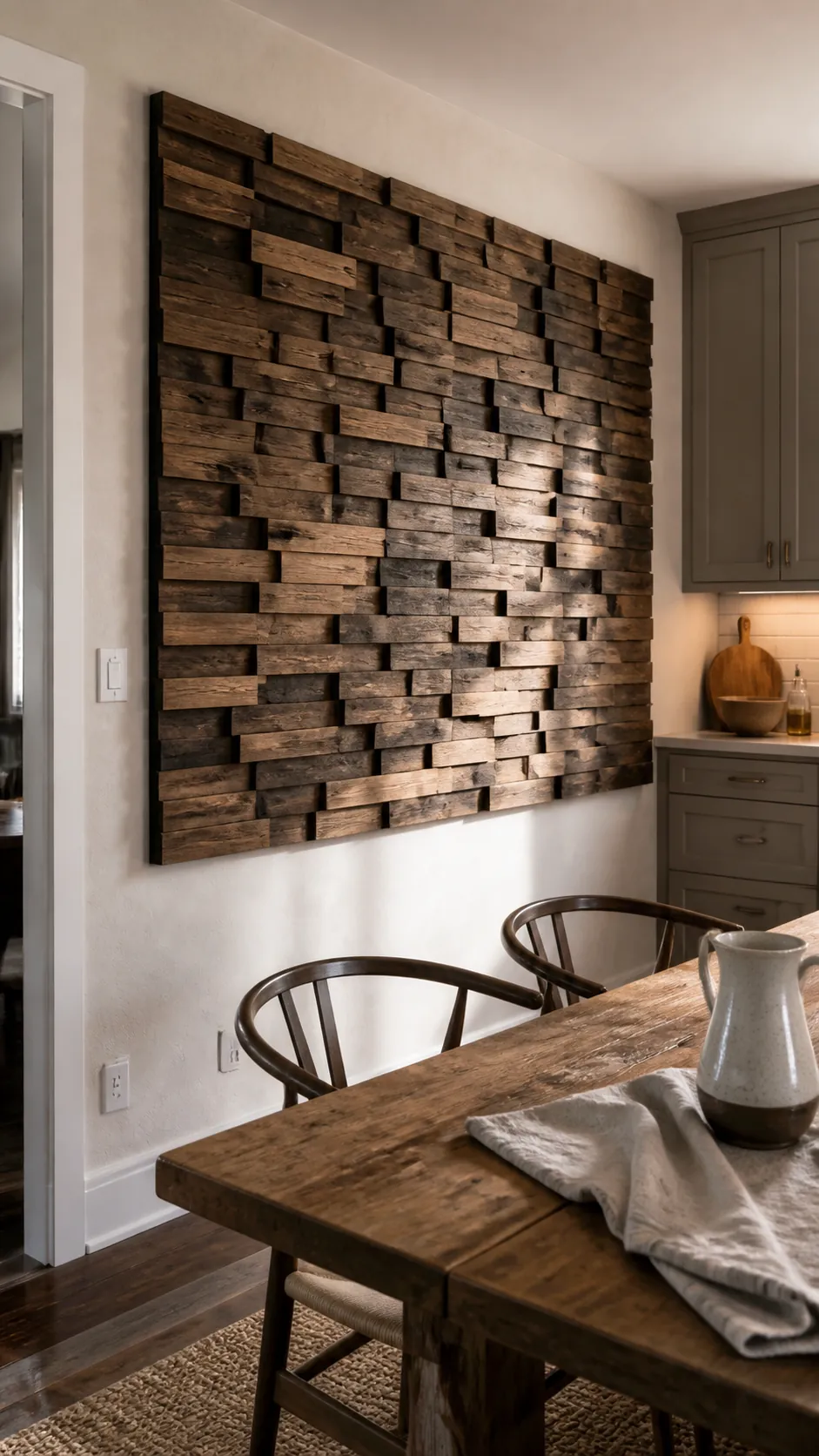 Dimensional Wood Mosaic styled as large kitchen wall decor in a realistic home