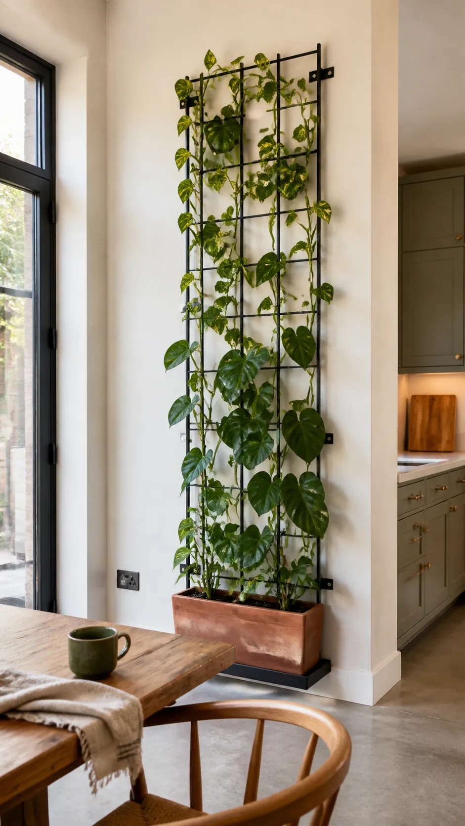 Indoor Trellis Garden styled as large kitchen wall decor in a realistic home