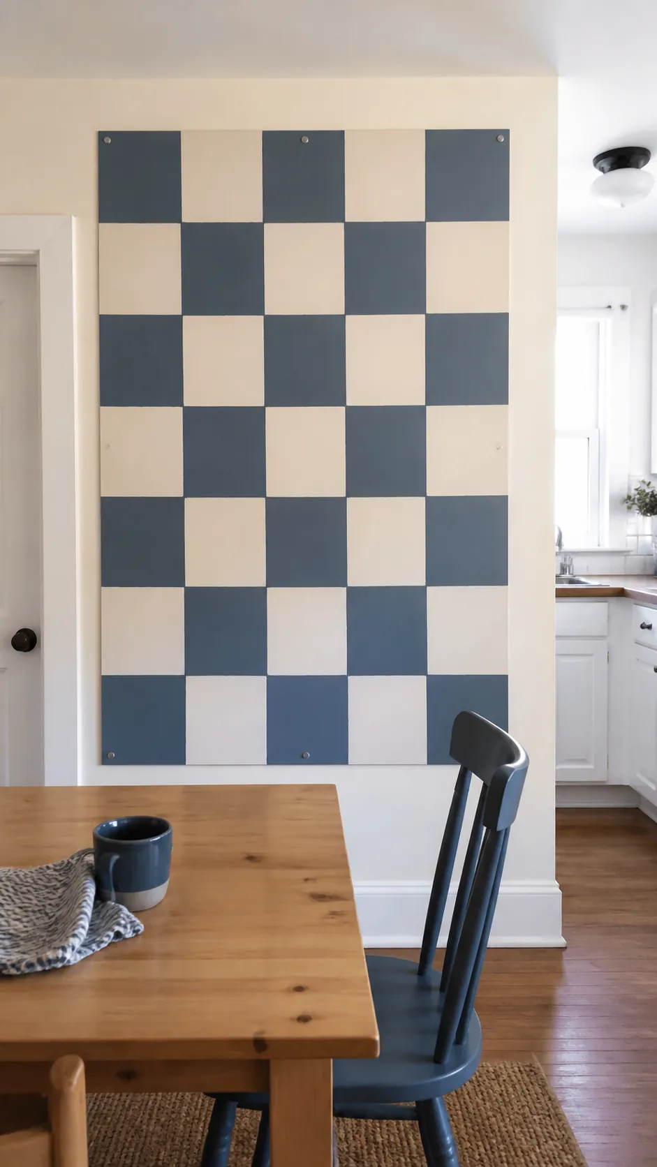 Hand-Painted Checkerboard Mural as creative DIY kitchen wall decor