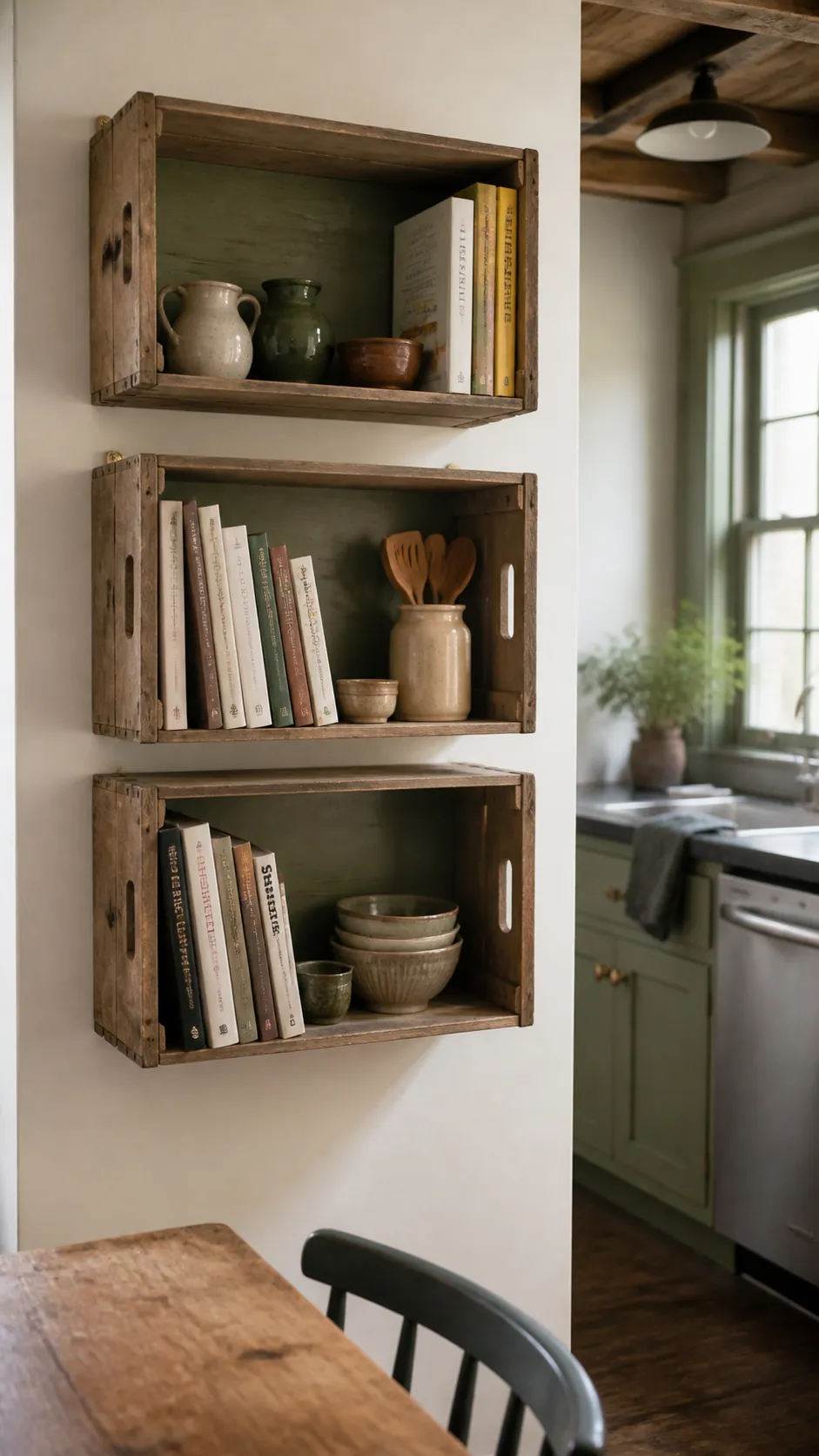 Upcycled Crate Shelves as creative DIY kitchen wall decor