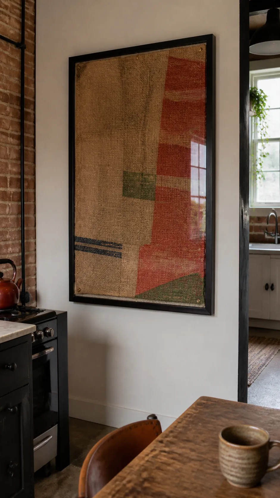 Coffee Sack Textile Art as creative DIY kitchen wall decor