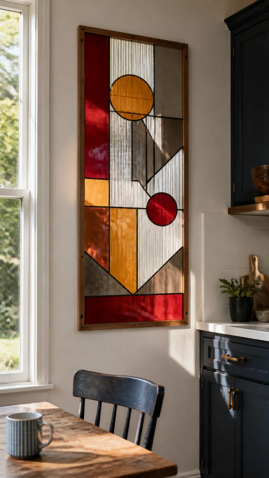 Faux Stained-Glass Acrylic Panel as creative DIY kitchen wall decor