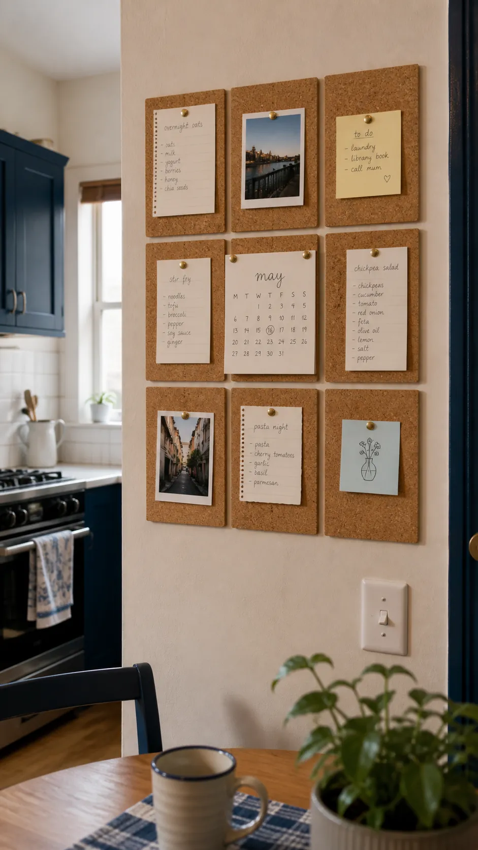 Cork Tile Memo Grid as creative DIY kitchen wall decor