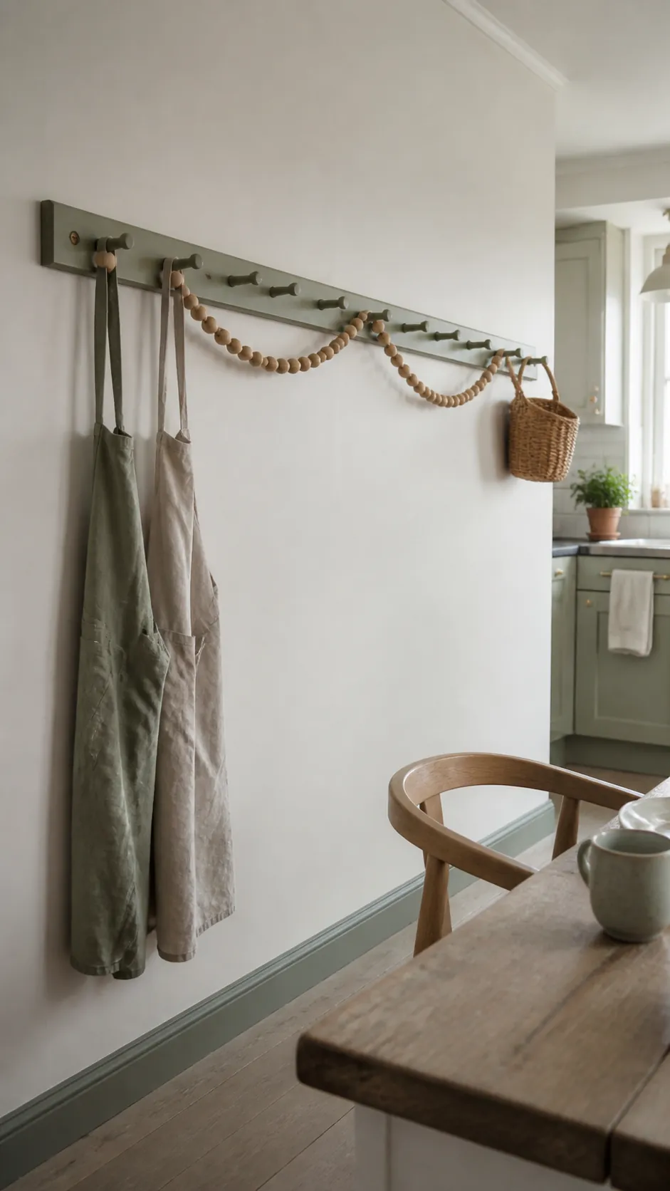 Wood-Bead Rail Garland as creative DIY kitchen wall decor