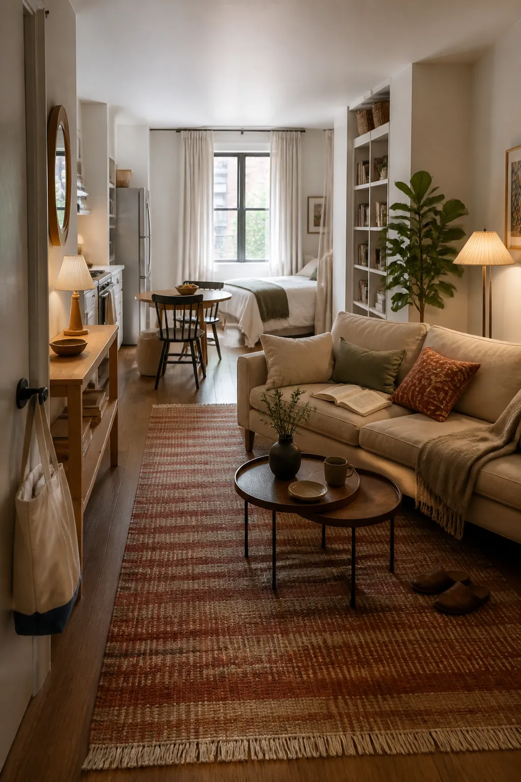 Warm and practical small apartment decorating ideas in a compact open-plan home