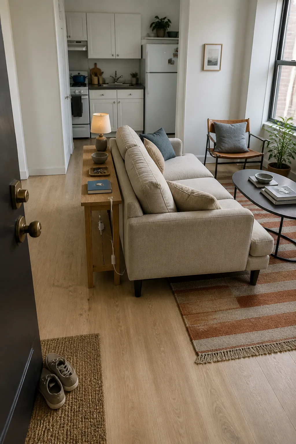 Small apartment living room with a floated sofa defining a clear walkway