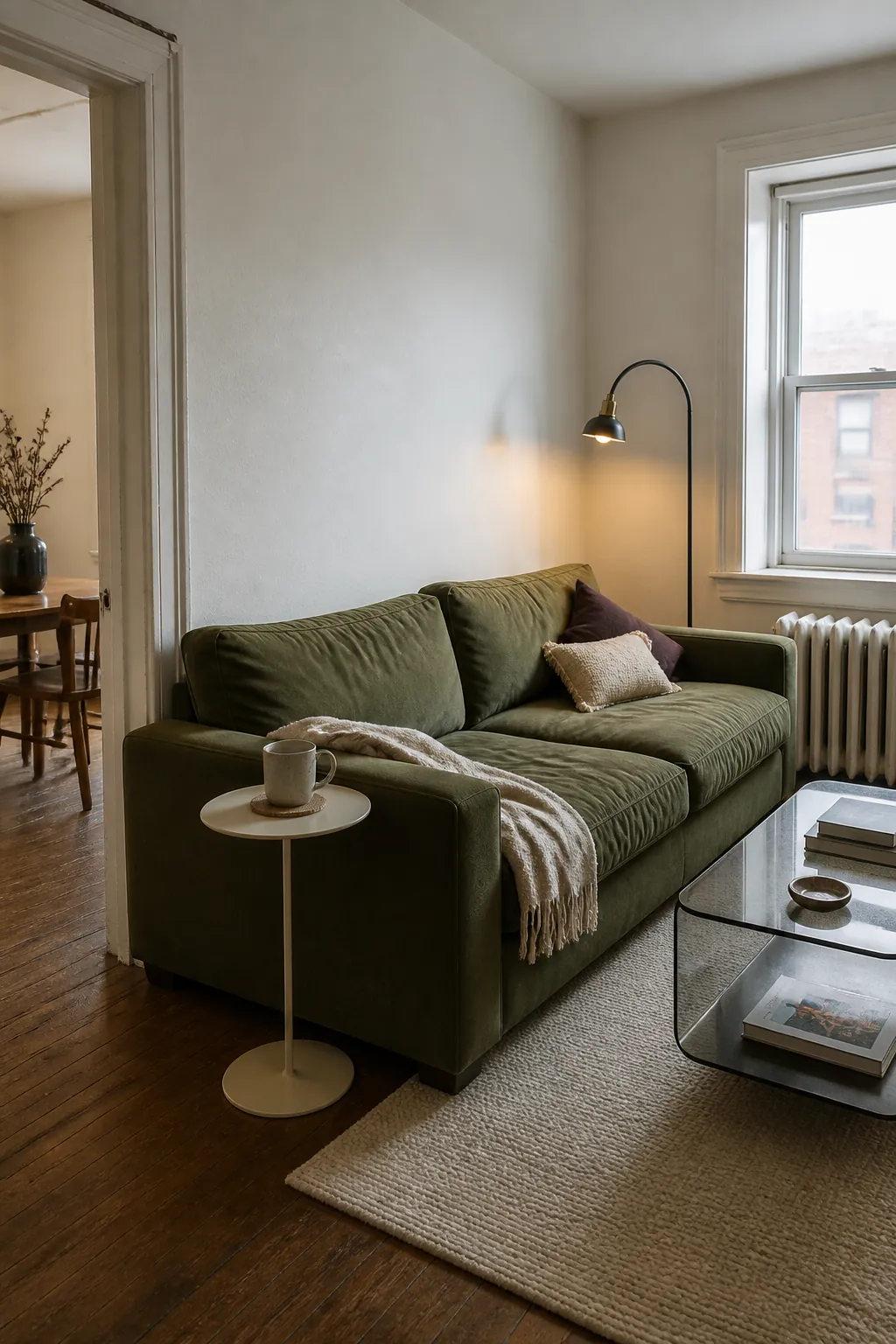 Comfortable full-size sofa scaled thoughtfully for a very small apartment