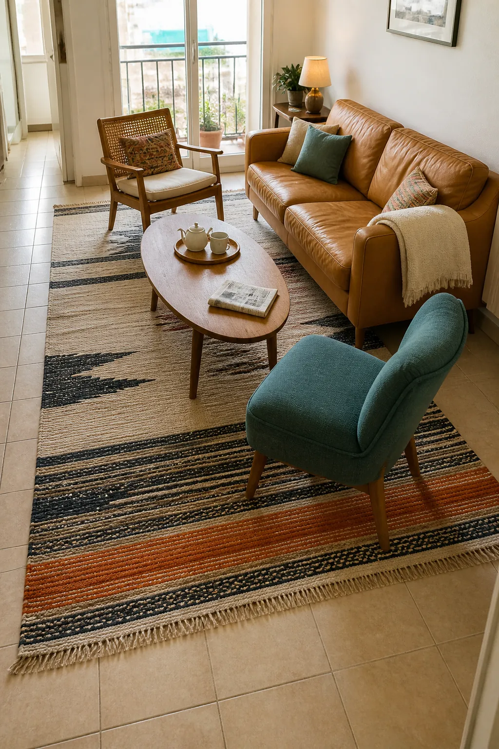 Large area rug uniting the seating zone in a small apartment