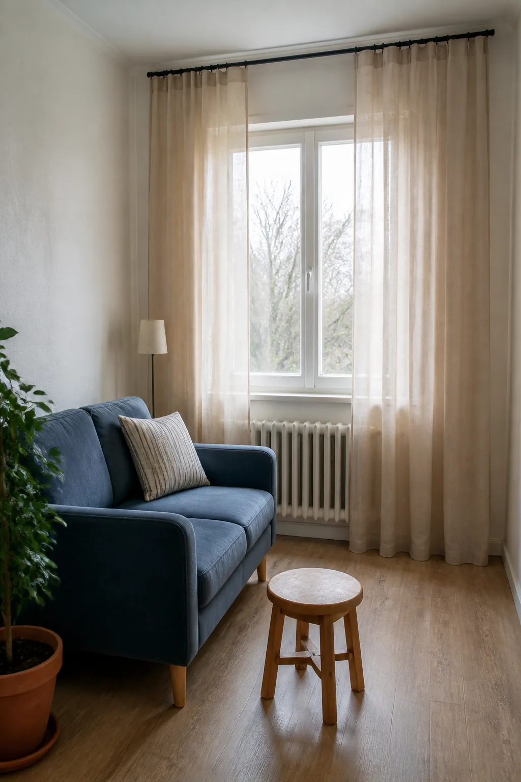Ceiling-height curtains making a small rental apartment feel taller