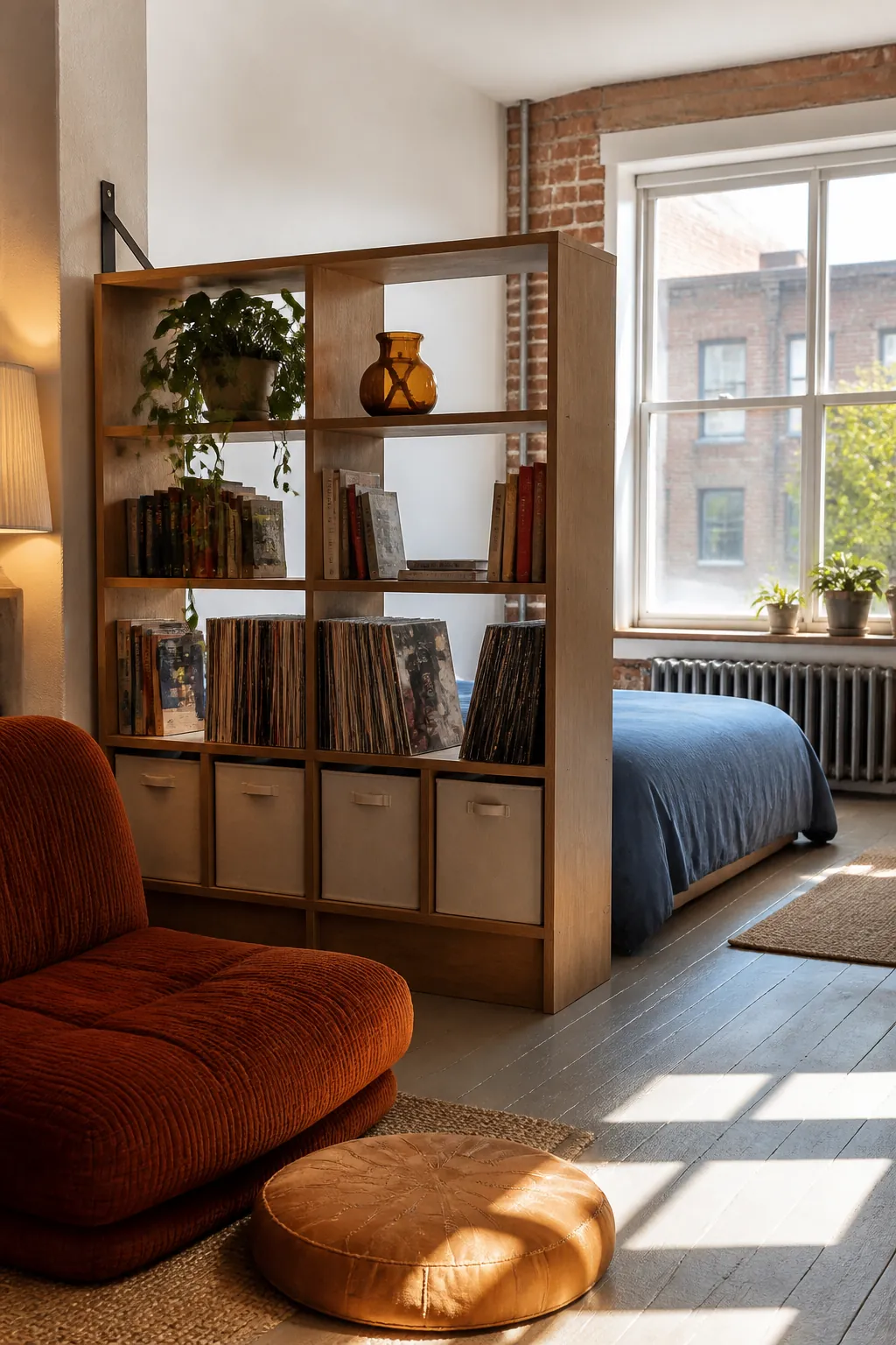 Open bookcase dividing sleeping and living zones in a mini studio apartment
