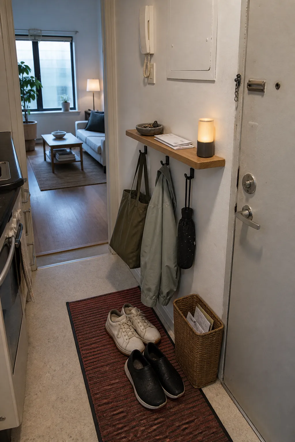 Renter-friendly slim entryway landing strip in a small apartment