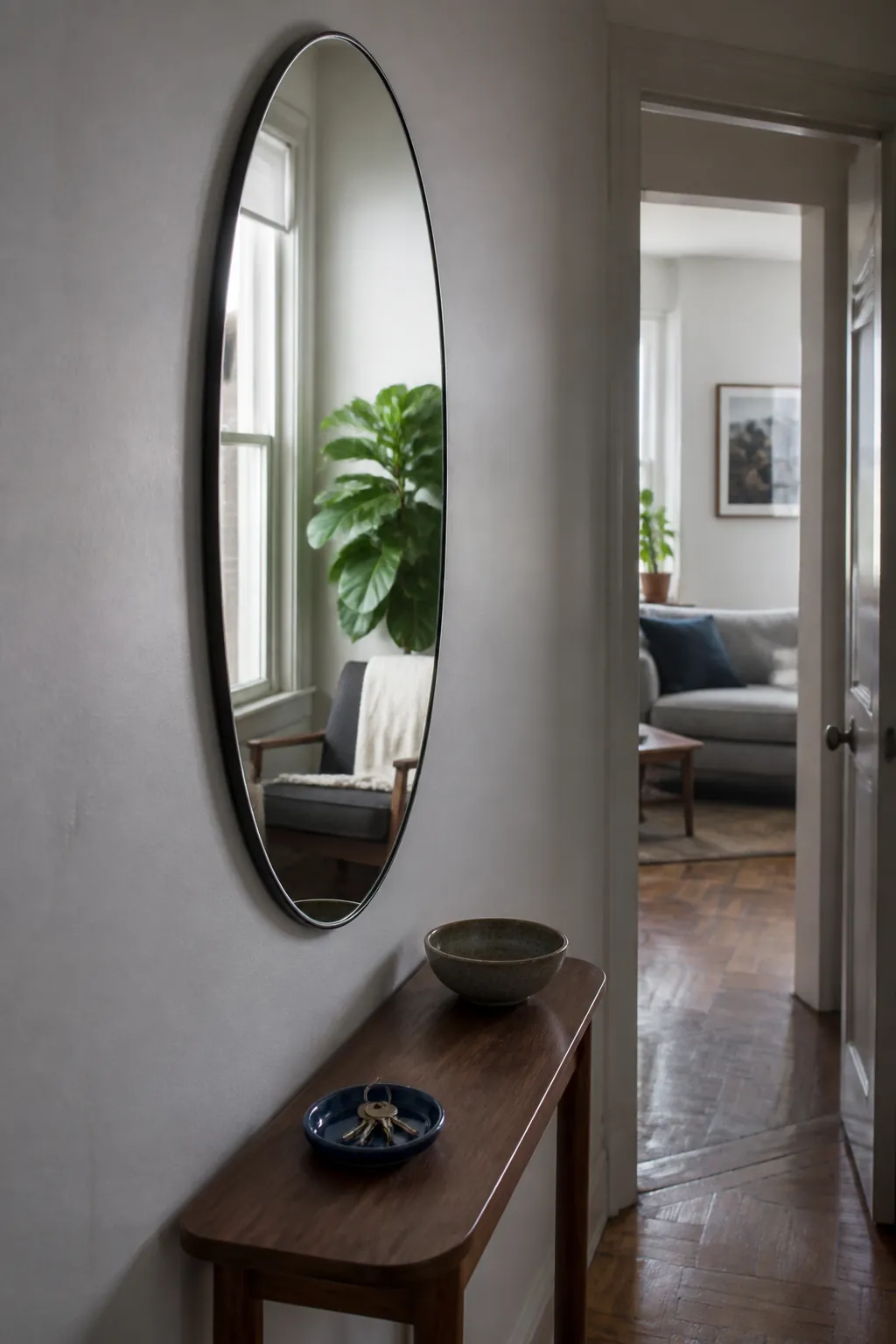 Large mirror bouncing window light through a very small apartment