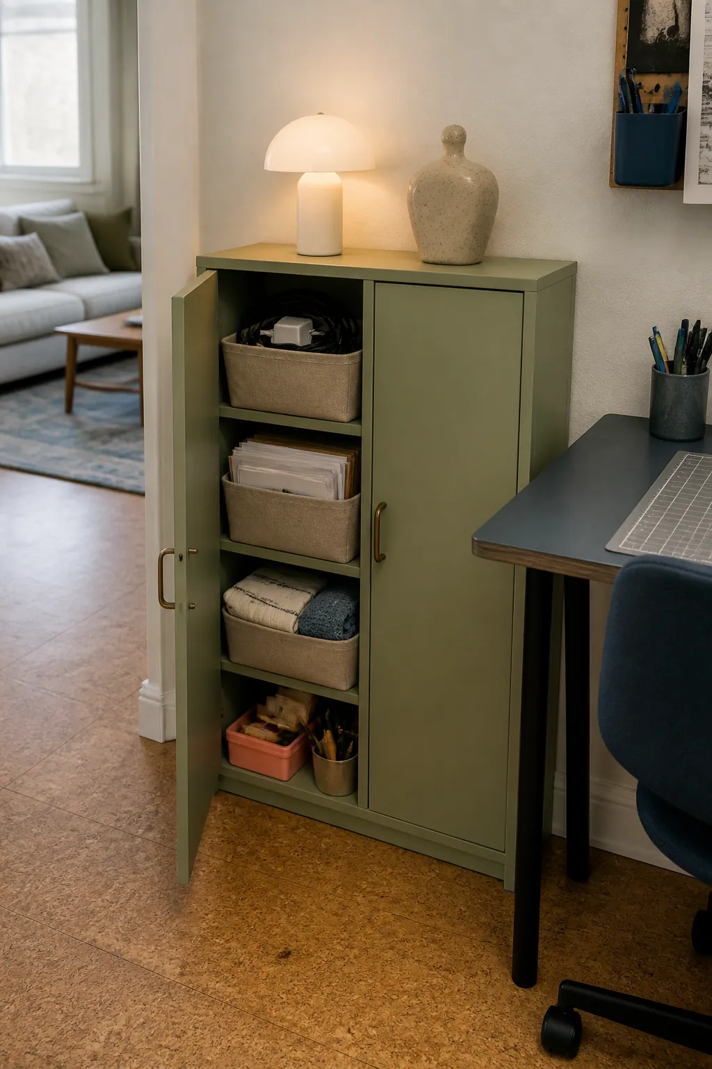 Shallow closed cabinet hiding visual clutter in a small apartment